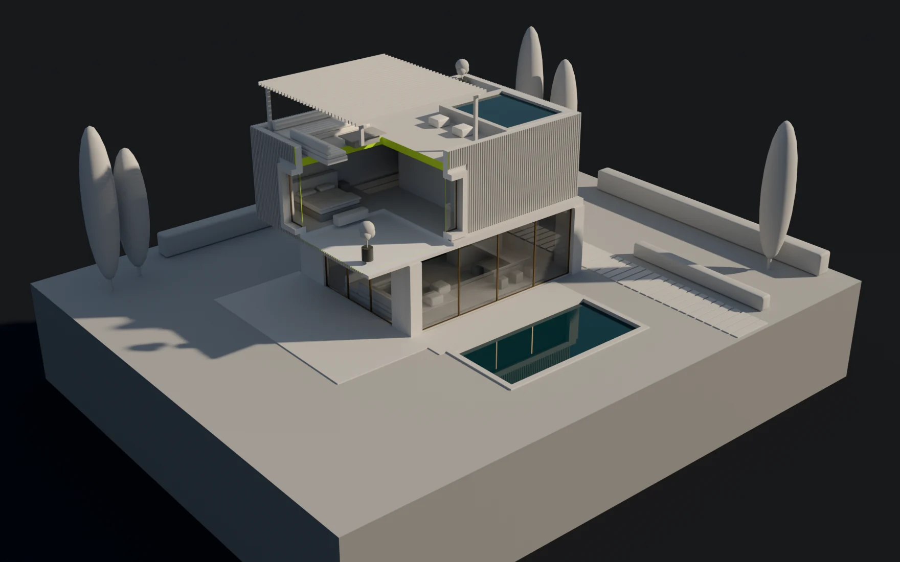 A box-shaped cutter takes out the front corner of the villa's upper floor, opening the bedroom