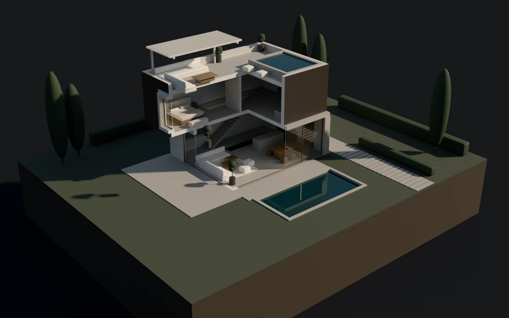 The villa's upper floors cut open with every cut face in the cutter's white