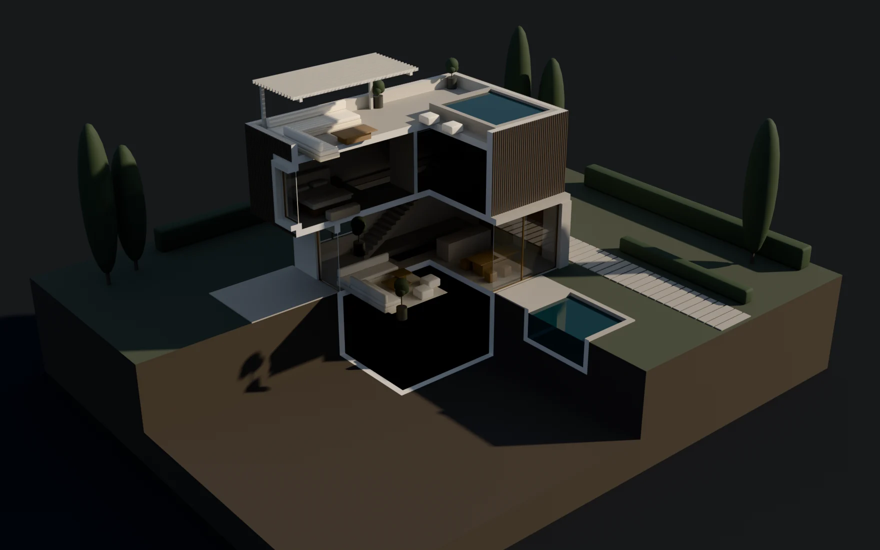 The villa cut open with Camera Only on: the rooms stay dim, lit only through their windows