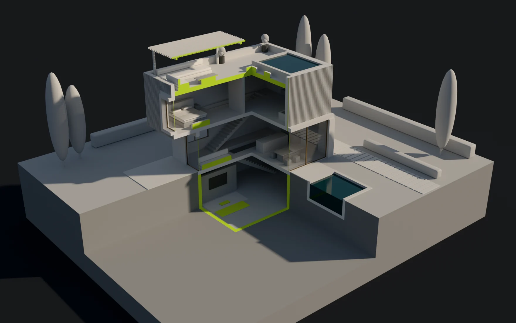 The same cut with the furniture cut too: sofas and tables show lime section faces