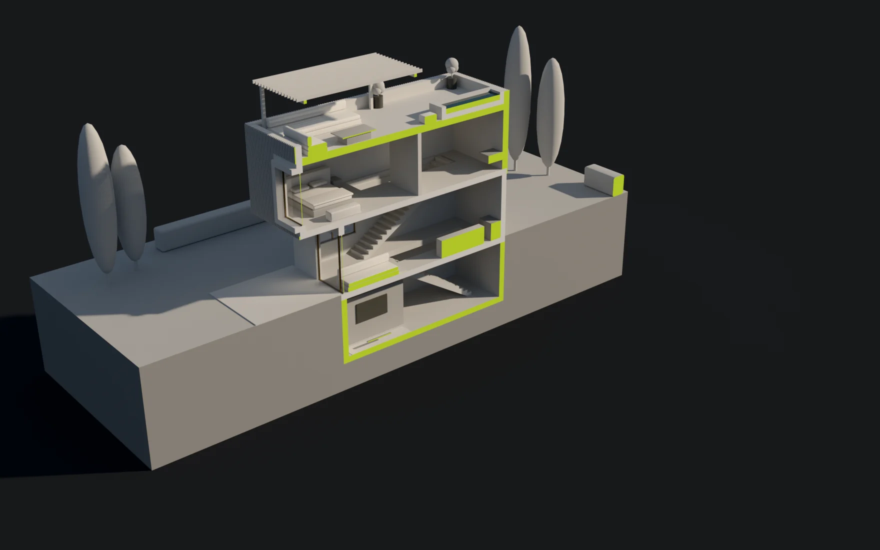 The villa model cut in half by one plane: the front half of the house and its plot is gone, and every cut wall and slab shows a lime section face