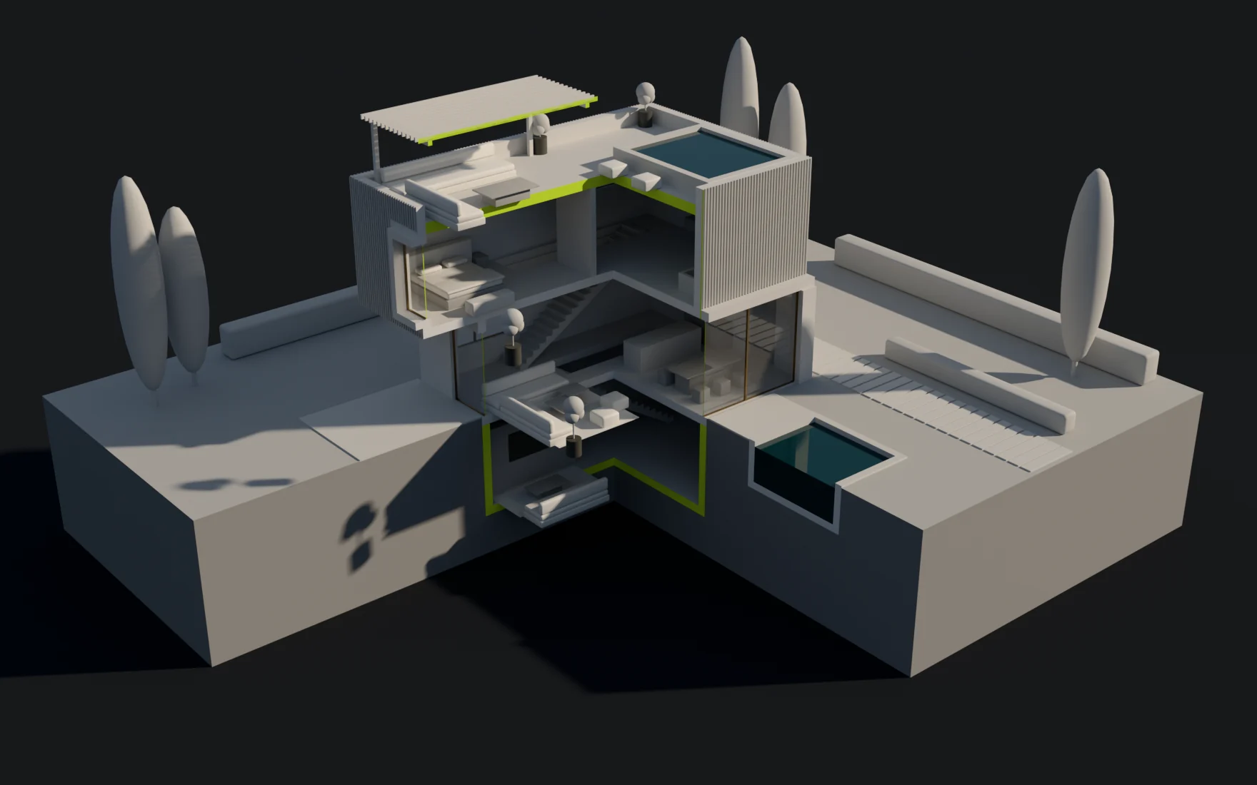 Two planes remove the front-left quarter of the villa and its plot through every level