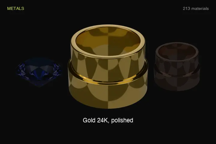 Animated carousel of Reblend library materials, one at a time with its name: gold, copper, knurled brass, anodised aluminium, bronze, patina, rust, glass, water, wine, milk, espresso, diamond, ruby, emerald, spinel