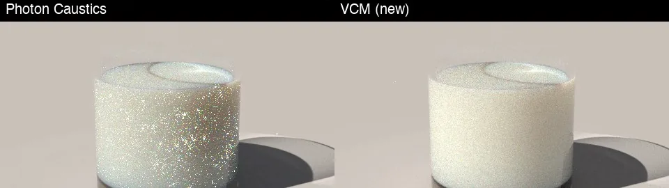 A glass of milk in sunlight rendered with Photon Caustics and with VCM