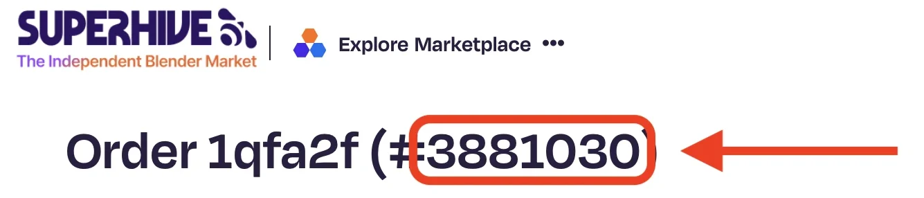 The top of a SuperHive order page: Order 1qfa2f (#3881030), with the number 3881030 circled