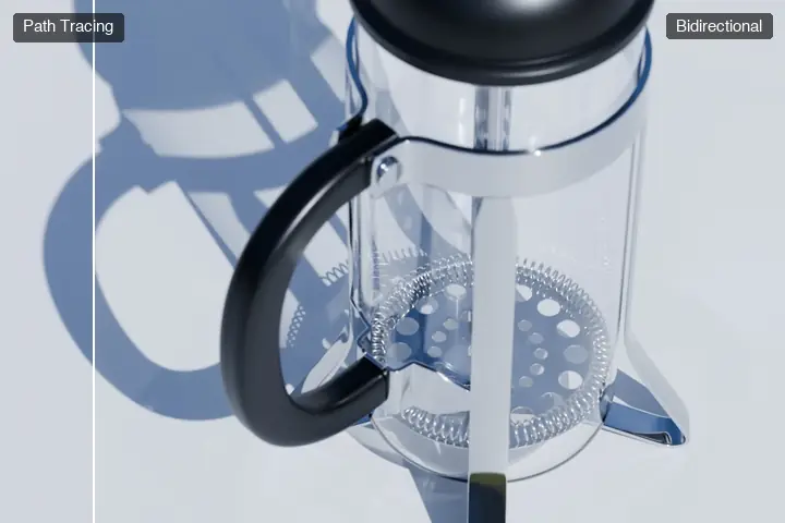 Animated comparison. Off: a glass French press in sunlight, its shadow on the table flat. On: light focused by the glass shows up inside the shadow.