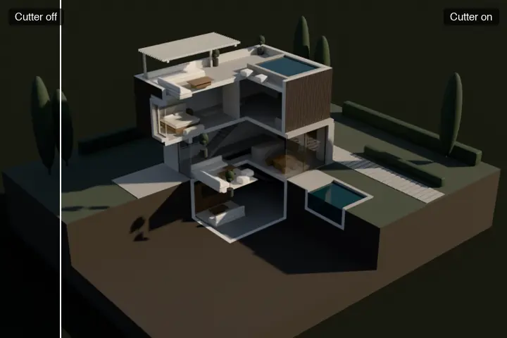 Animated comparison. Cutter off: a two-storey house seen from outside. Cutter on: the house cut open, showing the rooms inside, with solid faces where walls and floors are cut.