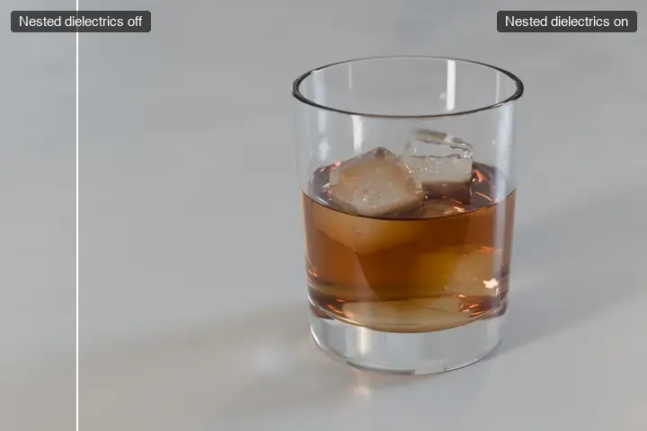 Animated comparison. Off: a glass of whisky with ice, the ice under the surface dark and glittery. On: the ice under the surface is clear, as in a real drink.