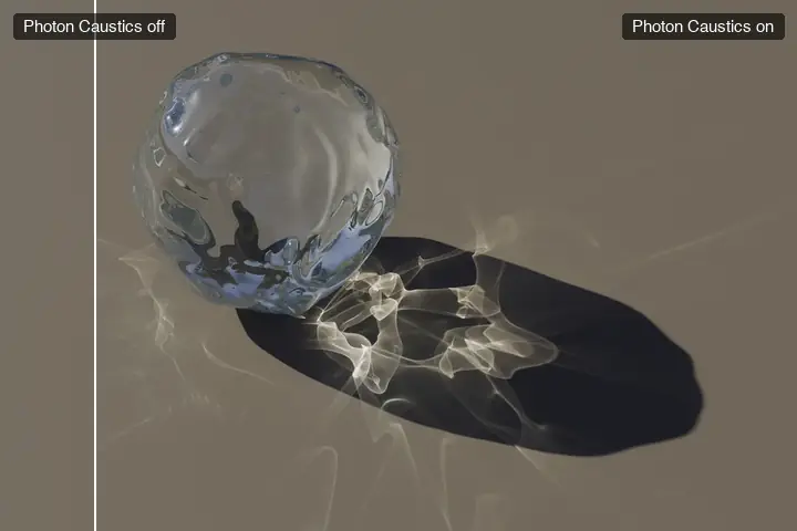 Animated comparison. Off: a lumpy glass ball on a floor in sunlight, its shadow flat and dark. On: bright, intricate caustic patterns inside its shadow and across the floor.