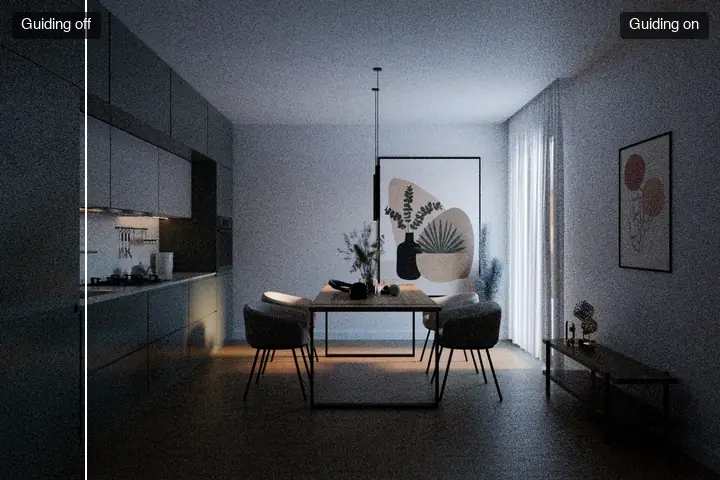 Animated comparison. Off: a dim kitchen lit through a curtained window, the walls and ceiling grainy. On: the walls and ceiling are cleaner.