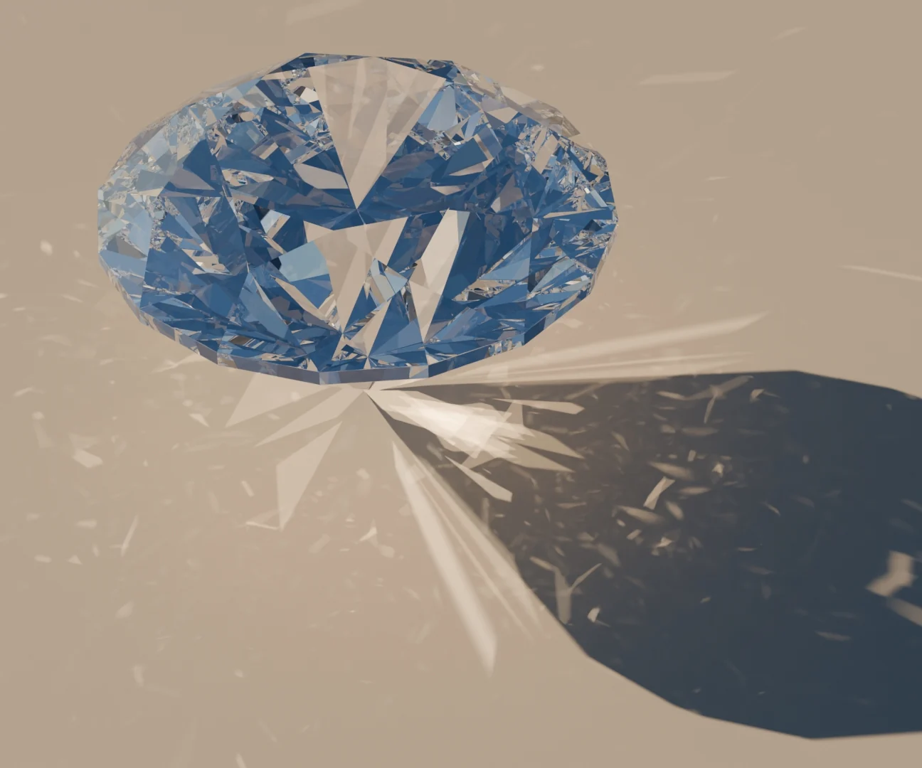 A cut diamond casting bright caustic streaks into its shadow